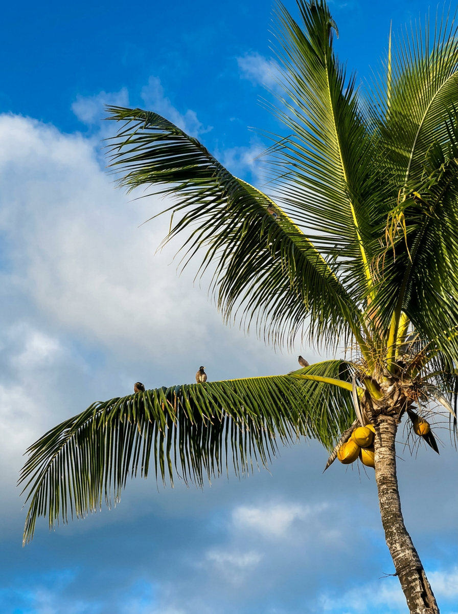 Birds perched on a coconut palm in Samoa