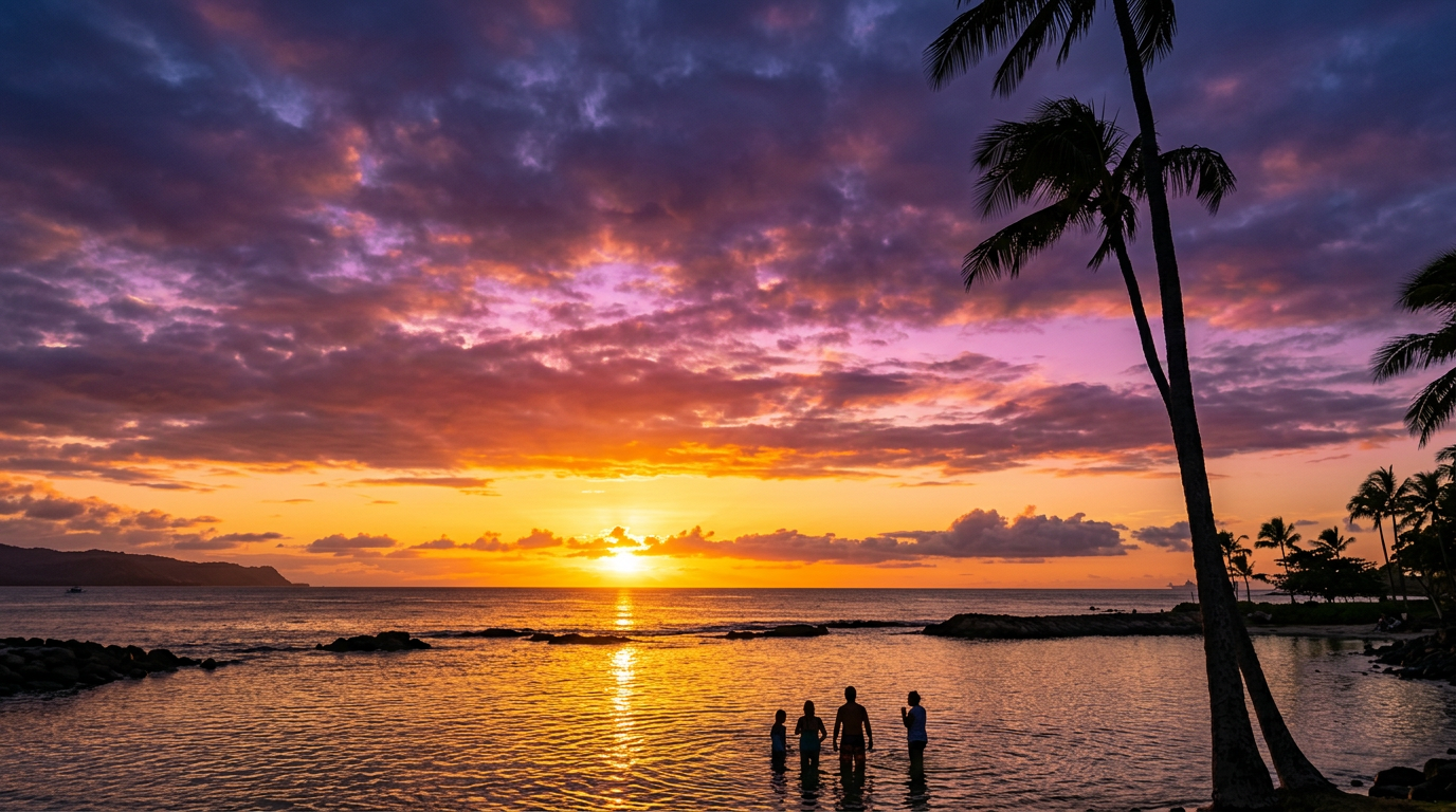 Sunset over the Samoan coast with silhouetted palms