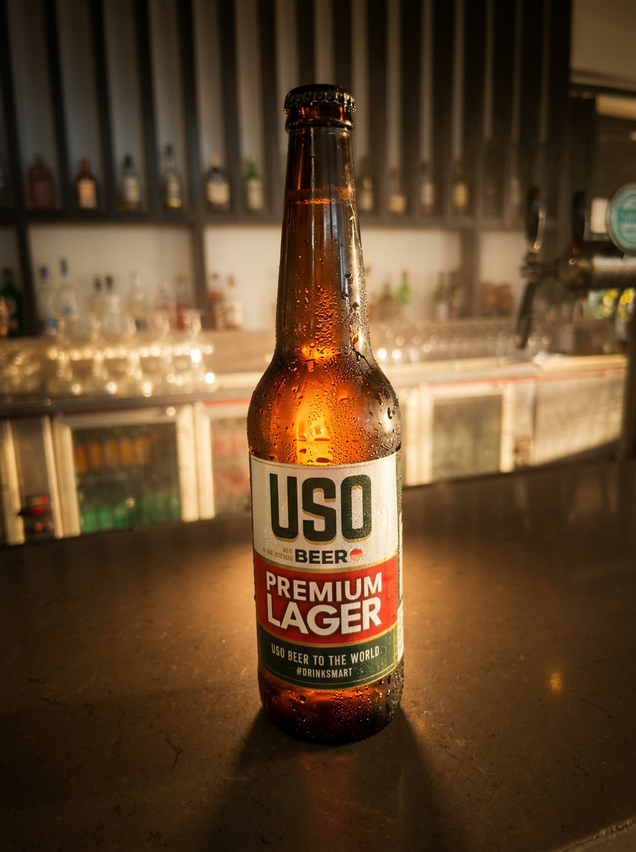 USO Premium Lager bottle on a bar counter