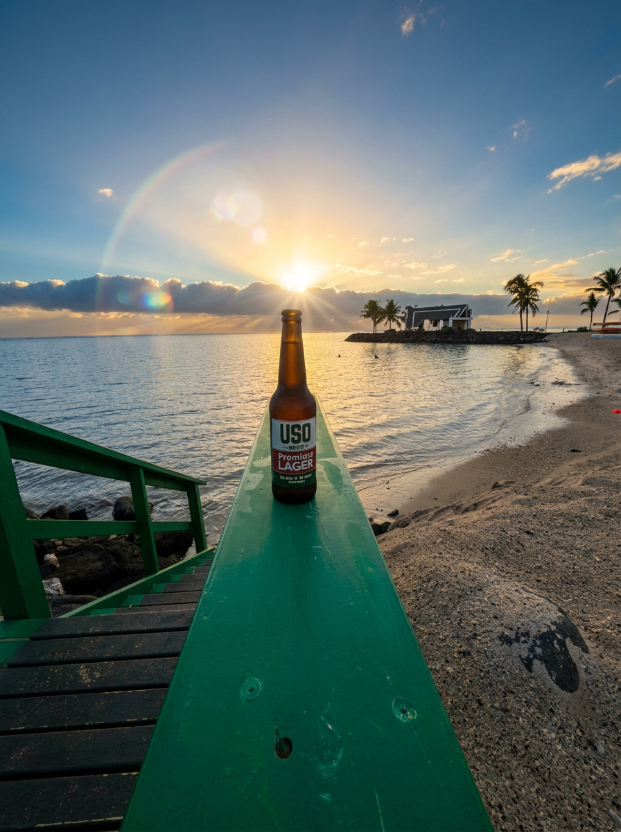 USO Premium Lager at sunset on the beach