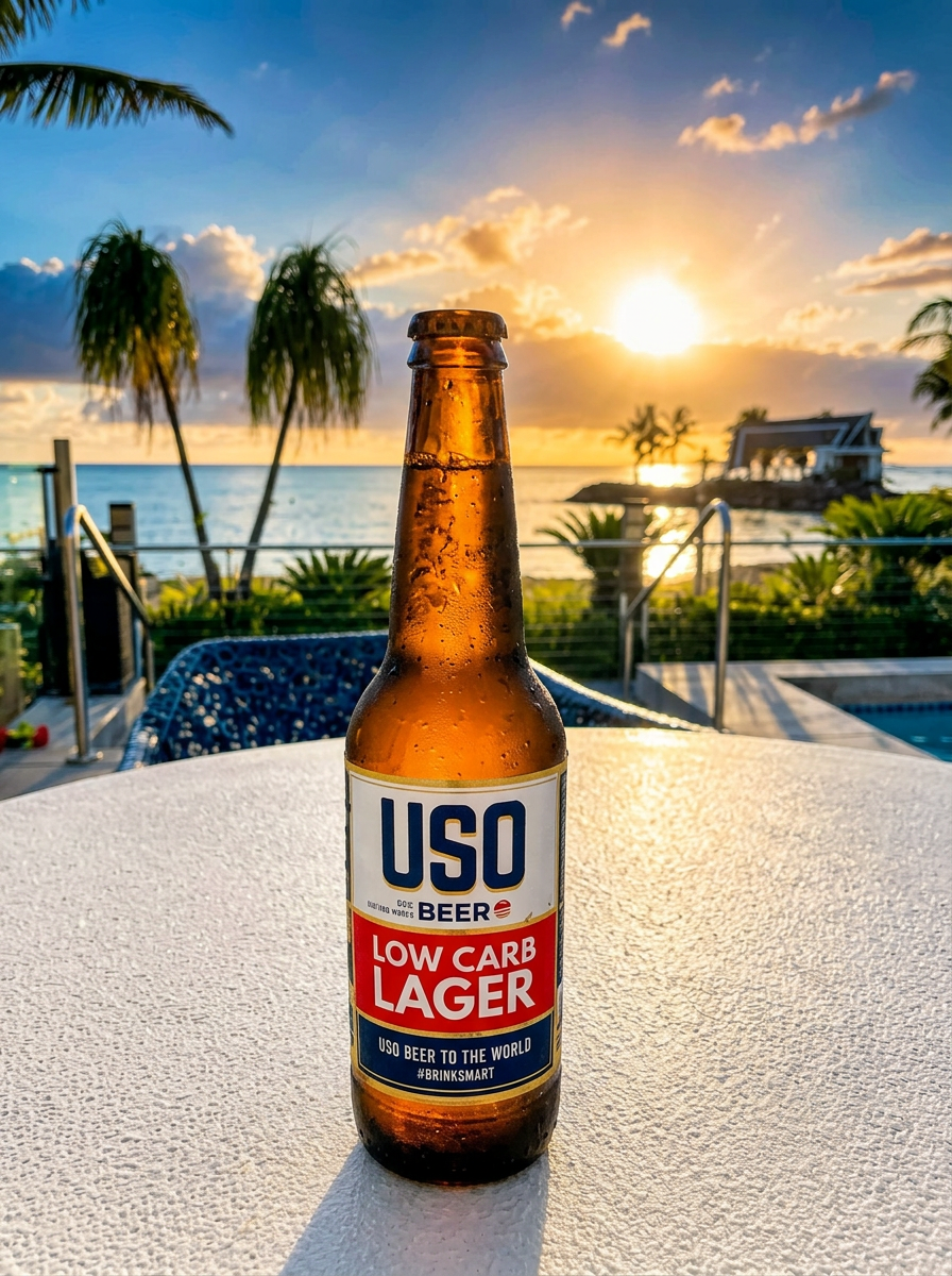 USO Low Carb Lager bottle at sunset by the pool
