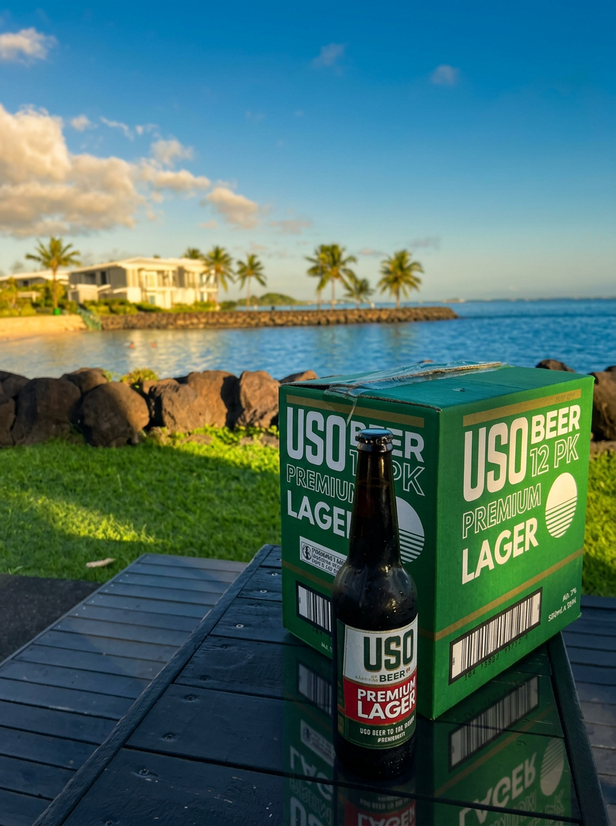 USO Premium Lager bottle and 12-pack case by the harbor